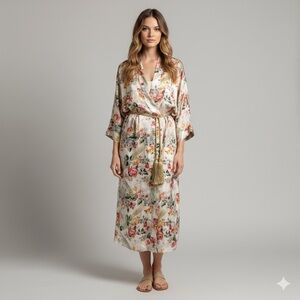 Vintage Floral Silk Robe - Large, 100% Silk!